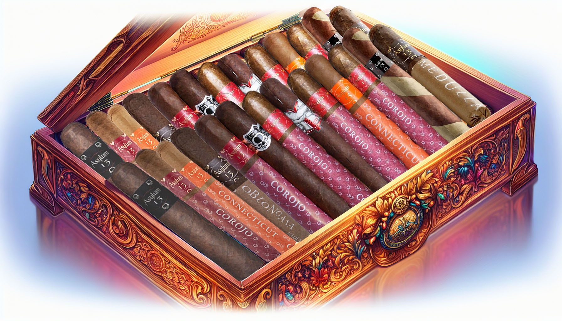 An assortment of Asylum cigars in a decorative box.