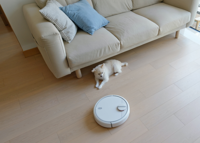 Robot vacuum with strong suction power cleaning pet hair on carpet and hardwood floors
