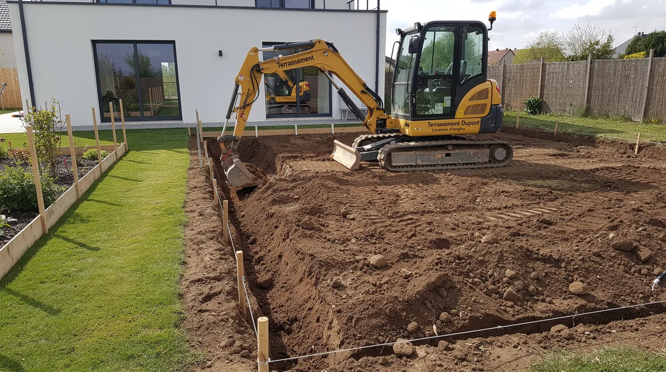 L'image montre des travaux de terrassement dans un jardin, où une excavatrice compacte est utilisée pour creuser le sol. Ce type de projet peut être lié à des préoccupations d'assainissement non collectif, notamment en ce qui concerne la conformité des installations comme les fosses septiques.