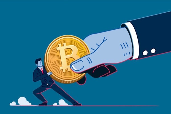 crypto portfolio - Risk management - crypto portfolio - bear markets – Artificial Intelligence – bitcoin – blockchain – blockchain technology – crypto assets – digital assets – Risk management – crypto portfolio – bear markets A cartoon image of a man accepting a Bitcoin to build his crypto portfolio.