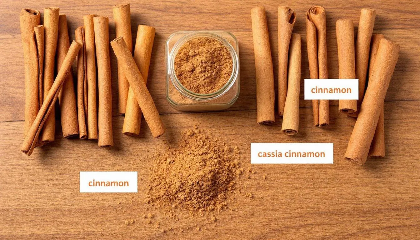 The image displays various types of cinnamon on a wooden surface, including cinnamon sticks, ground cinnamon, and the two main varieties: Ceylon and Cassia. This arrangement highlights the different forms of cinnamon, which can have potential health benefits but should be used cautiously, especially around pets, as too much cinnamon can be toxic to dogs.