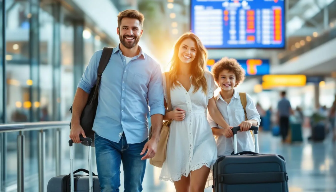 Uma família feliz está em um aeroporto, cercada por malas de viagem, pronta para embarcar em uma nova aventura. O ambiente transmite alegria e expectativa, simbolizando momentos de turismo e descobertas pelo mundo.