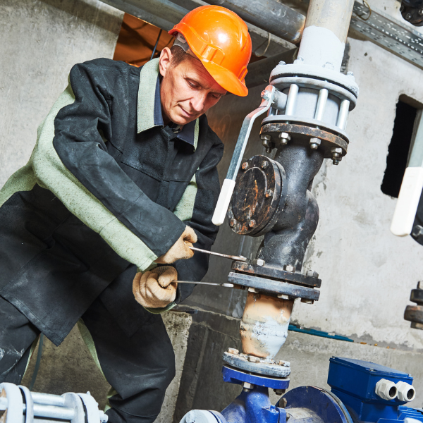 An image showing a plumber assessing a plumbing issue in a home.
