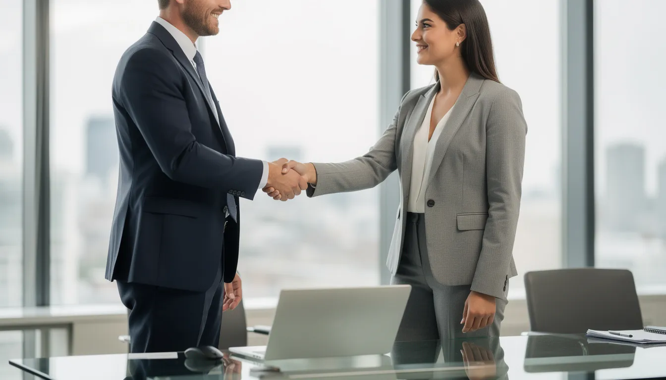 In an office setting, two business professionals are shaking hands, symbolizing a successful negotiation or agreement, potentially related to business valuation or a merger and acquisition. The atmosphere suggests a focus on fair market value and the importance of building professional relationships in the context of financial analysis and investment.