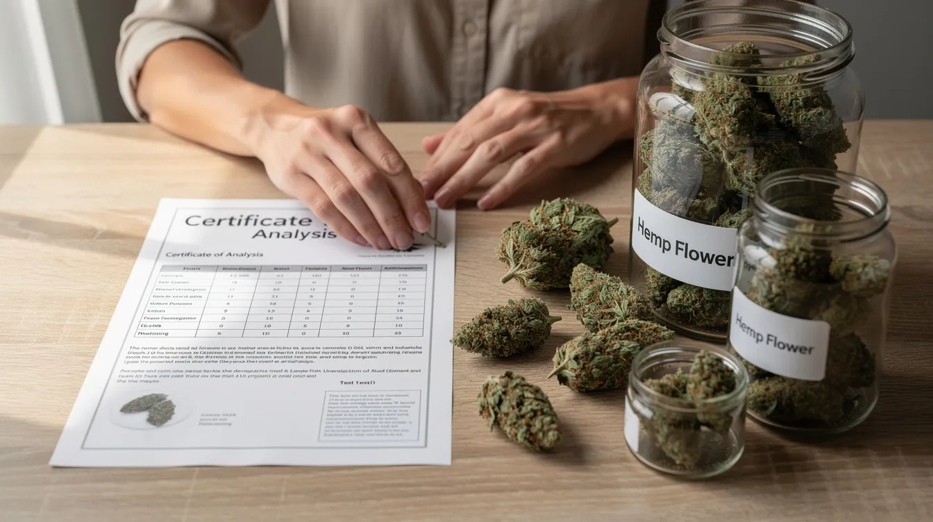 A person is examining a certificate of analysis document while seated at a table that displays various hemp flower products, including CBD flower. This scene highlights the importance of ensuring purity and quality in hemp-derived CBD products, which are often sought for their therapeutic benefits and potential effects on chronic pain and anxiety.