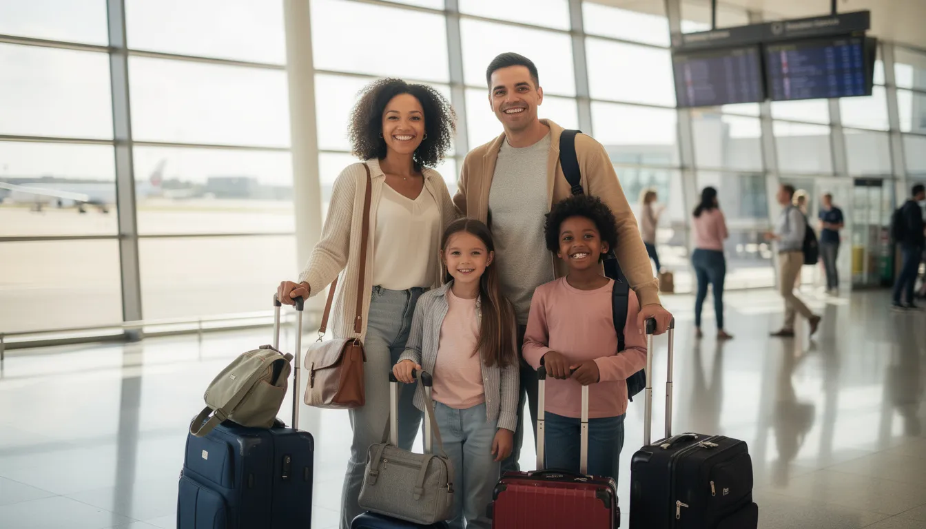 Imagen de una familia diversa en un terminal de aeropuerto, con equipaje y sonrisas en sus rostros, simbolizando la alegría de un viaje hacia Estados Unidos. La escena refleja la esperanza de nuevos comienzos y la posibilidad de obtener residencia permanente en el país.