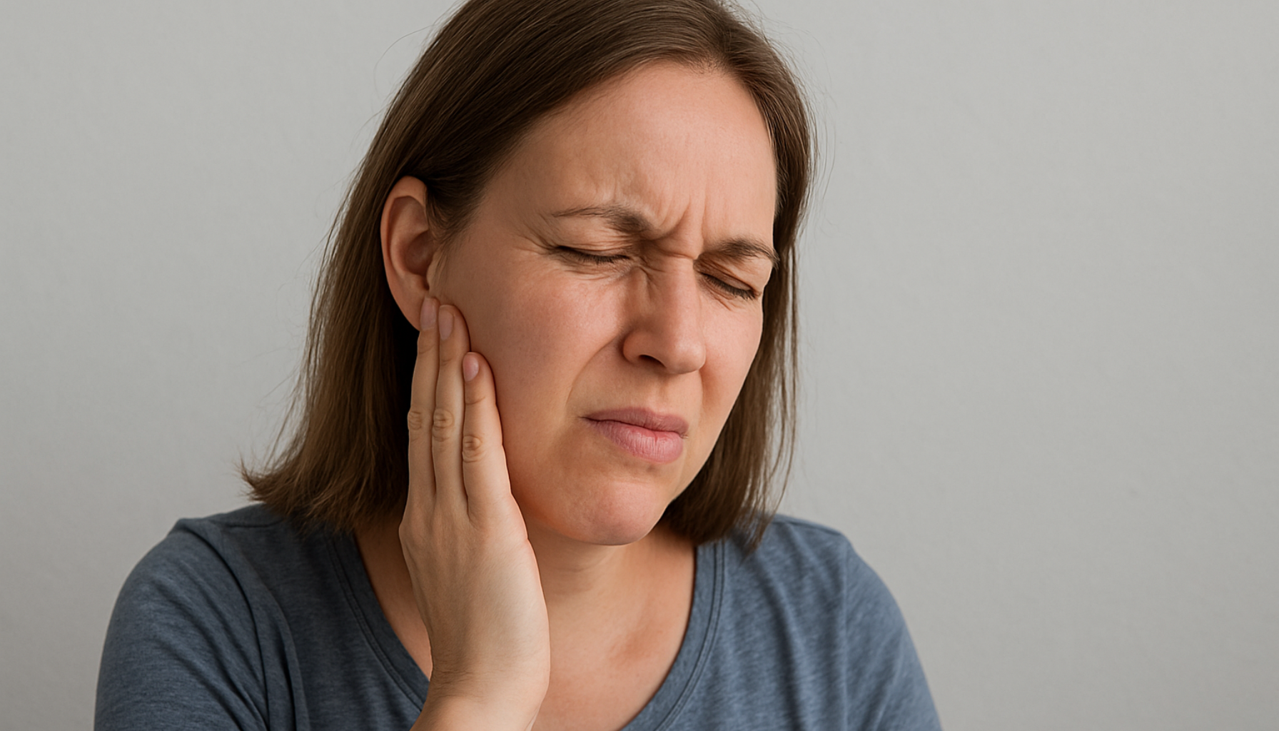 Kvinne som holder hånden mot kjeven med tydelig smerte, sittende foran en nøytral bakgrunn.
