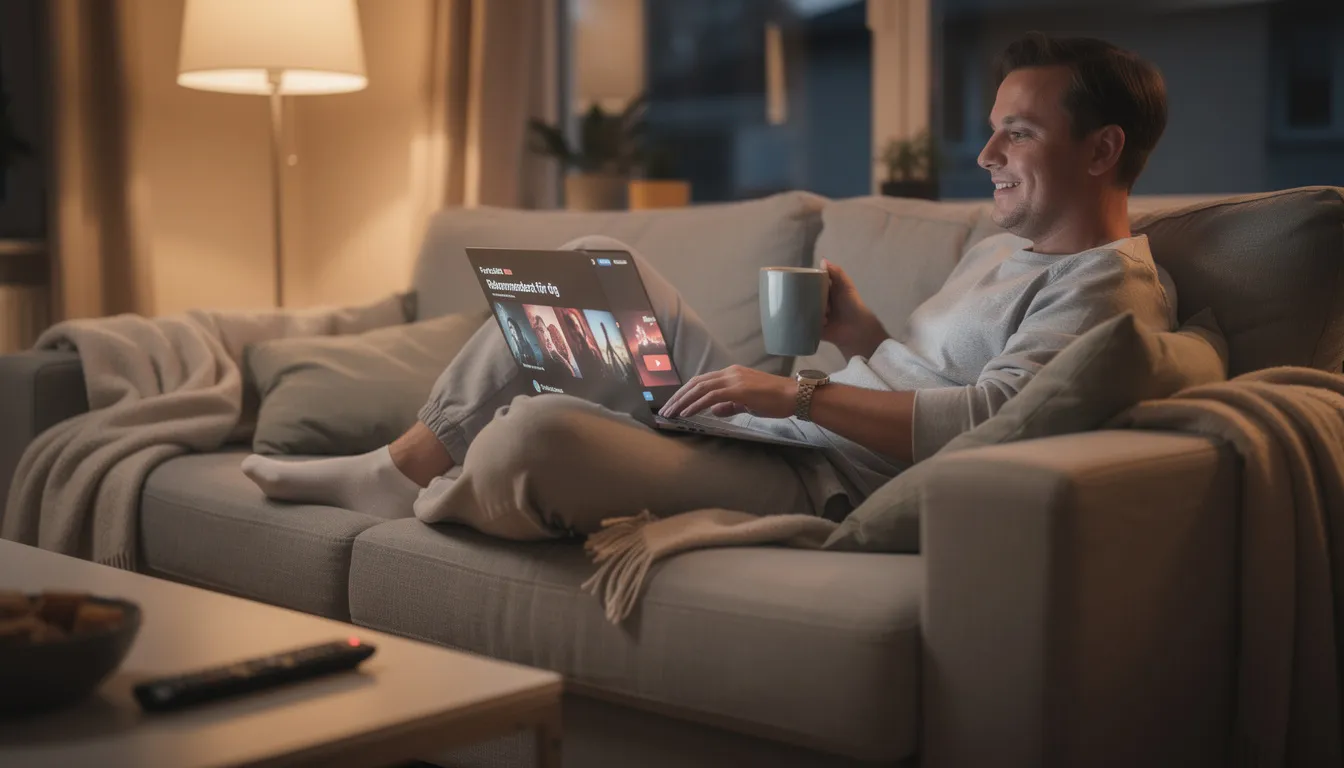 En person sitter bekvämt i en soffa med en laptop i knät och njuter av underhållning, kanske genom att spela på ett online casino som erbjuder olika spel och bonusar. Denna spelupplevelse kan inkludera allt från slots till live casino, vilket ger en varierad och spännande tid hemma.
