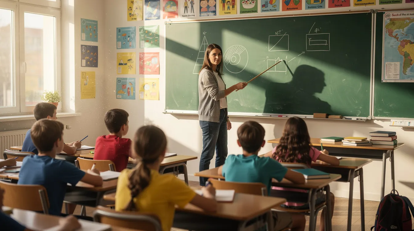 Nauczycielka stoi przy tablicy szkolnej, wskazując na narysowane elementy graficzne związane z tematem liczby pi, podczas gdy uczniowie z zaciekawieniem obserwują z ławek. W tle widoczne są materiały edukacyjne, kt&oacute;re mogą być użyte do rozwiązywania zadań i konkurs&oacute;w związanych z obwodem i spostrzegawczością.