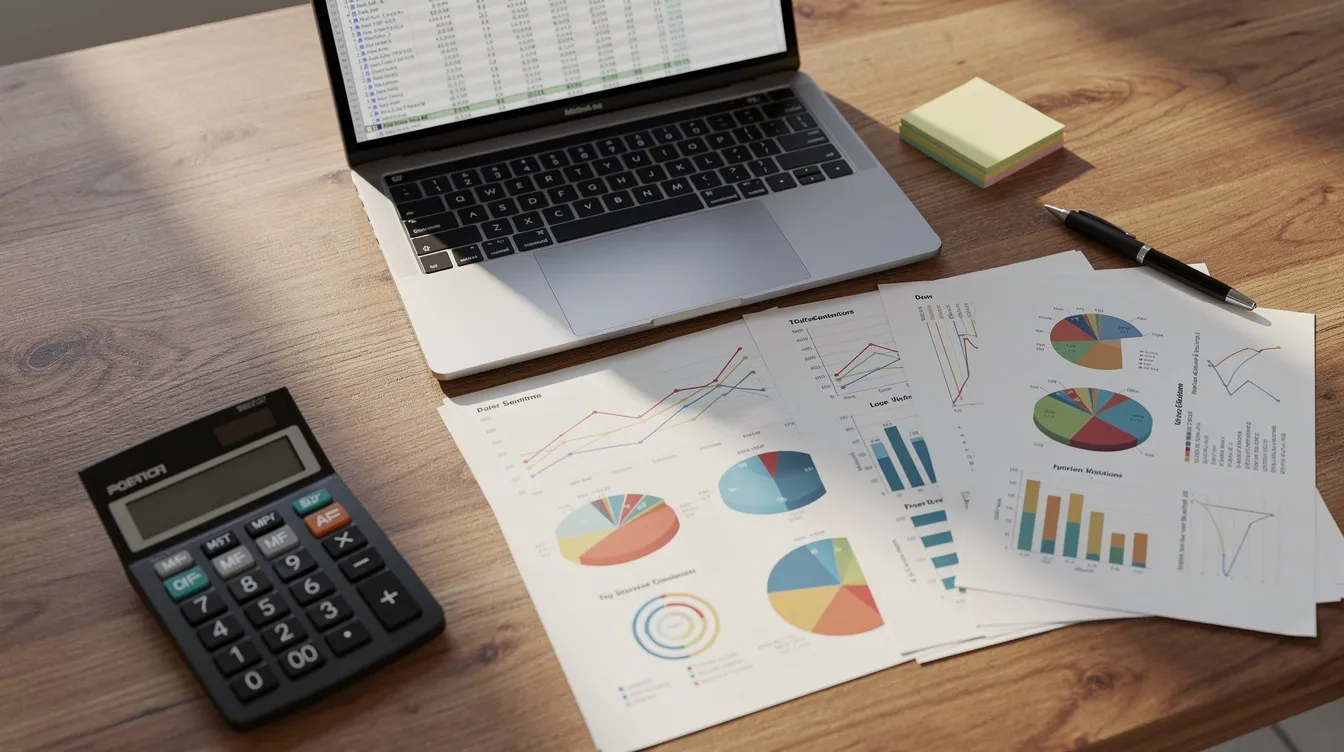 The image depicts a calculator and financial charts arranged on a wooden office desk, alongside a laptop displaying a spreadsheet. This setup suggests a focus on financial planning and analysis, relevant for small and medium-sized enterprises seeking loan applications or financial guarantees.
