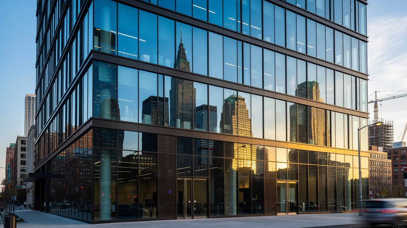 A modern office building with reflective glass windows