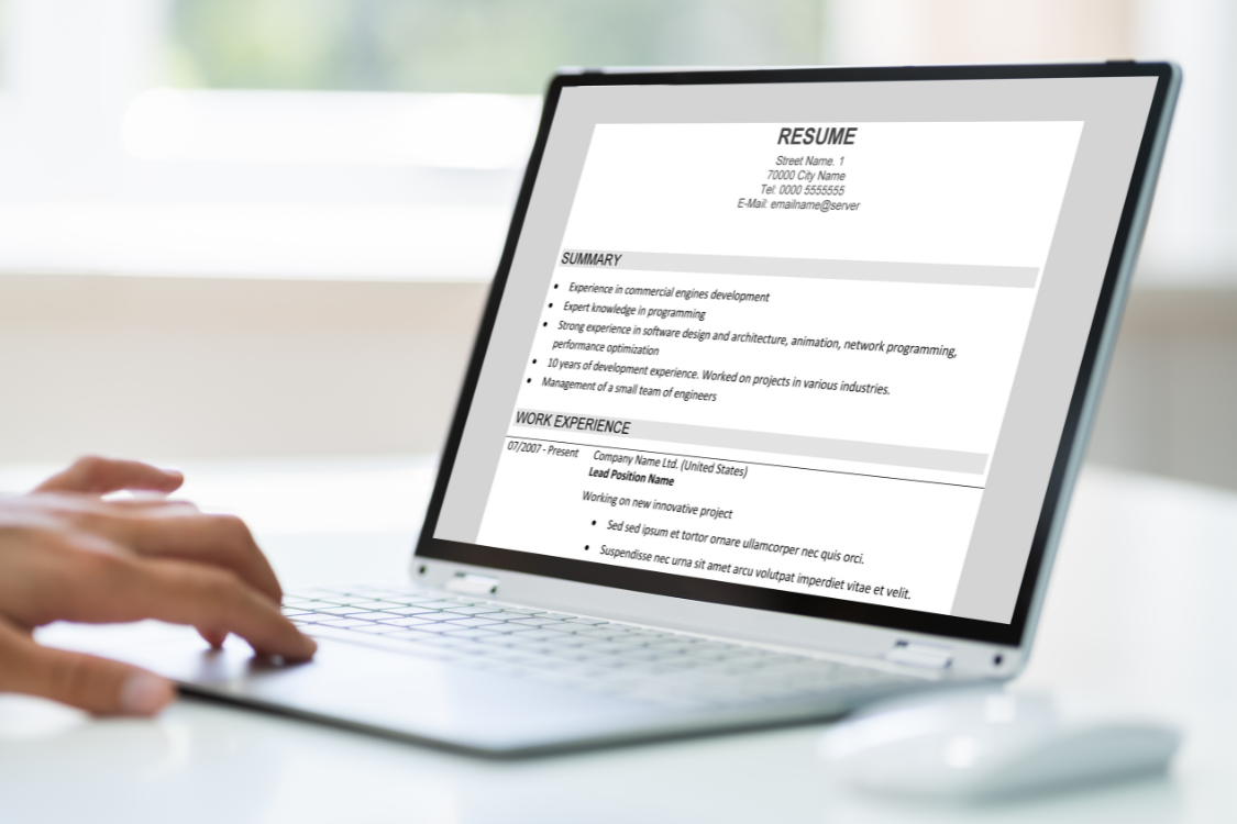 Laptop screen displaying a virtual assistant resume