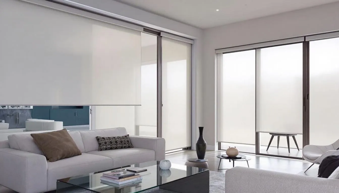 A modern living room showcasing custom roller shades for sliding doors.