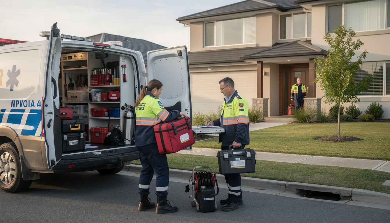 An emergency response team is unloading professional equipment from a service vehicle at a residential property, ready to provide critical restoration services for water damage and debris removal. The scene emphasizes the team's commitment to restoring the property to its pre-loss condition while ensuring the safety and health of the environment.