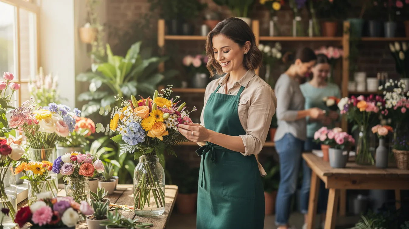 A photo-realistic image of a happy local flower shop owner wearing an apron, assisting people with a warm smile, reflecting the success of their business. The scene captures the joyful atmosphere of a thriving company that connects with people through thousands of beautiful floral products and accepting different ways to pay.