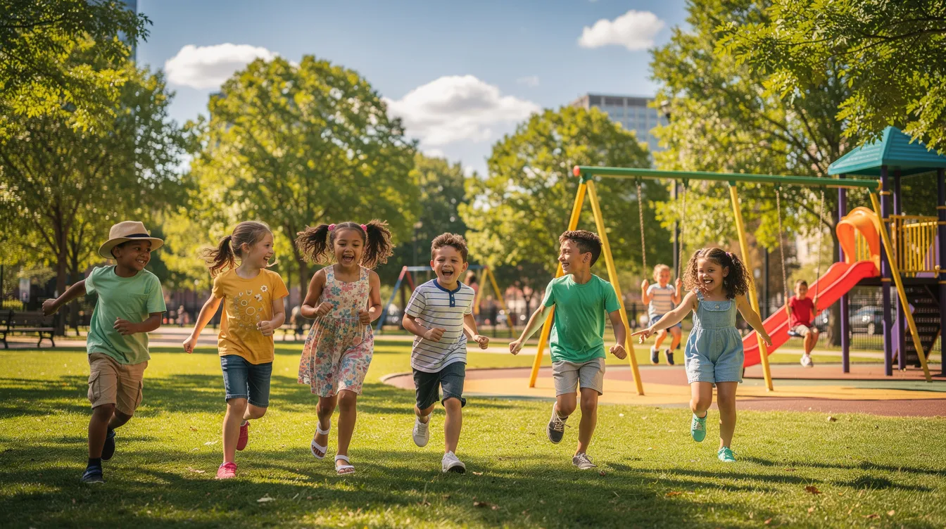 Crianças estão brincando em um parque ao ar livre, sob os raios de luz do sol, enquanto se divertem em meio a árvores e objetos distantes. A cena retrata a alegria e a liberdade da infância, destacando a importância de uma boa visão para aproveitar momentos como esse.