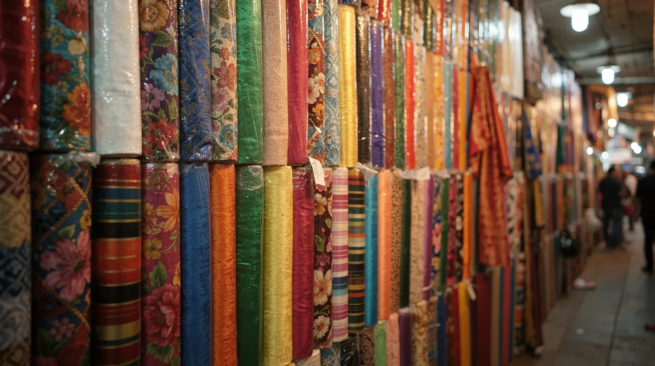 66ca2875 fc59 402e b2f9 cf0b24b1509c The image features a vibrant display of colorful fabric rolls stacked neatly in a textile wholesale market, showcasing a variety of textures and patterns that cater to the trading business in textiles. This scene reflects the high demand and potential for profitable business ventures in the wholesale trading sector.