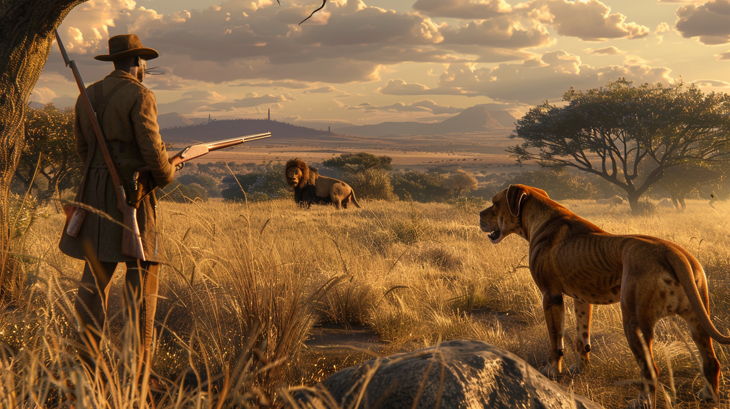 An historical image of the African Lion Hound showing a hunter and a Lion on the background