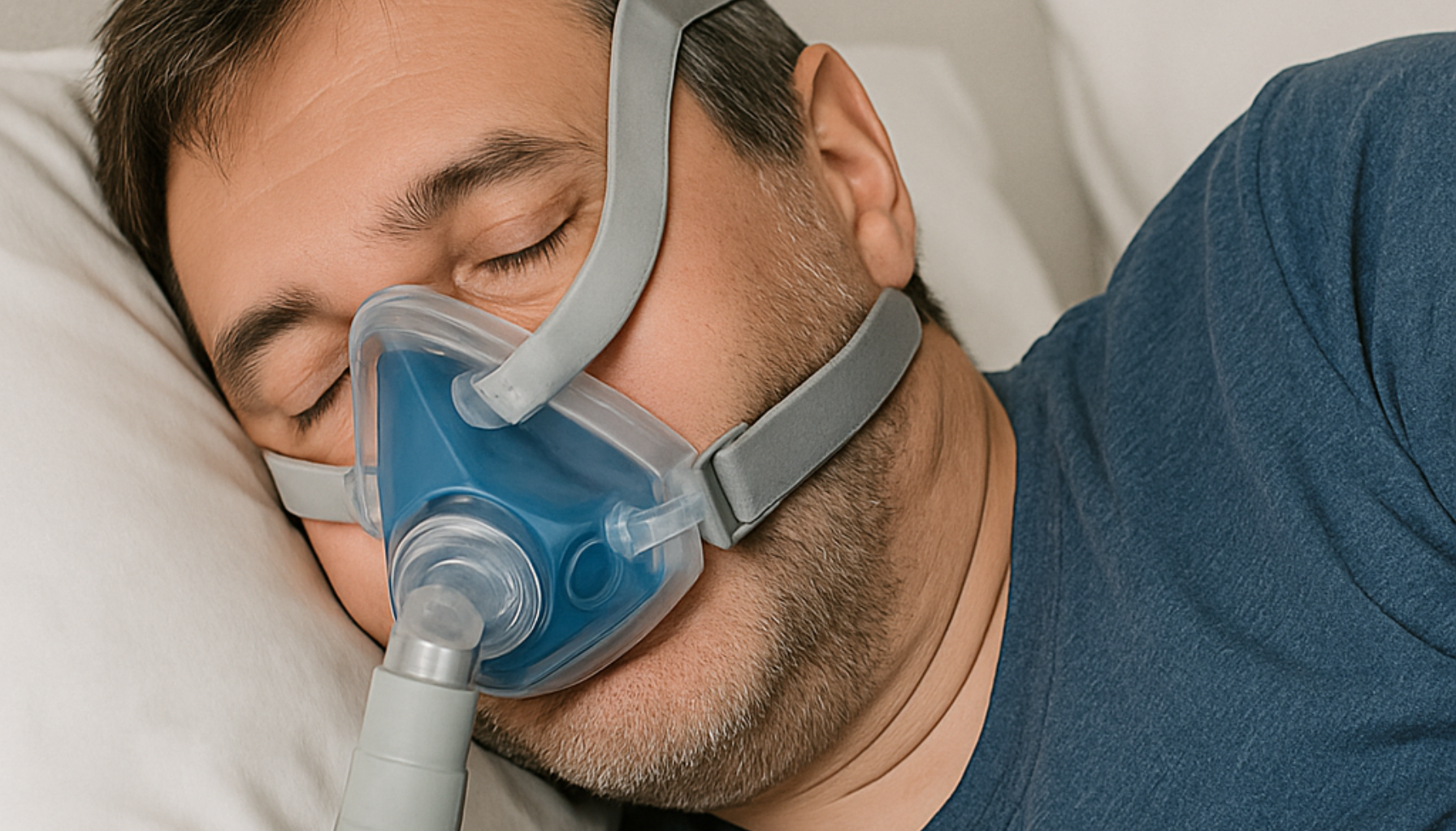 En mann sover rolig på siden med en CPAP-pustemaske festet til ansiktet for behandling av søvnapné og trøtthet.
