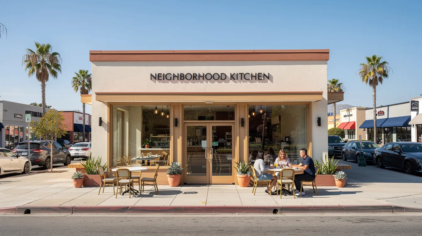 The image depicts a charming small neighborhood restaurant storefront located on a California commercial street, featuring outdoor seating for patrons. This inviting space reflects the essence of California's vibrant dining scene, where local businesses thrive amidst the principles of fair competition and community engagement.