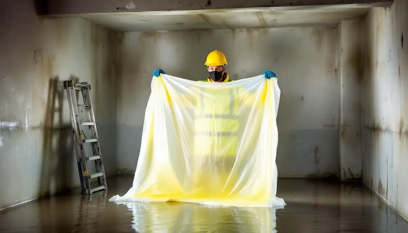 In The Image, A Person Is Dressed In Protective Clothing, Including Rubber Gloves And Waterproof Boots, While Preparing To Clean Up Flood-Damaged Areas. They Are Equipped With A Moisture Meter And Cleaning Products, Emphasizing The Importance Of Safety And Preventing Mold Growth In Affected Areas After A Natural Disaster.