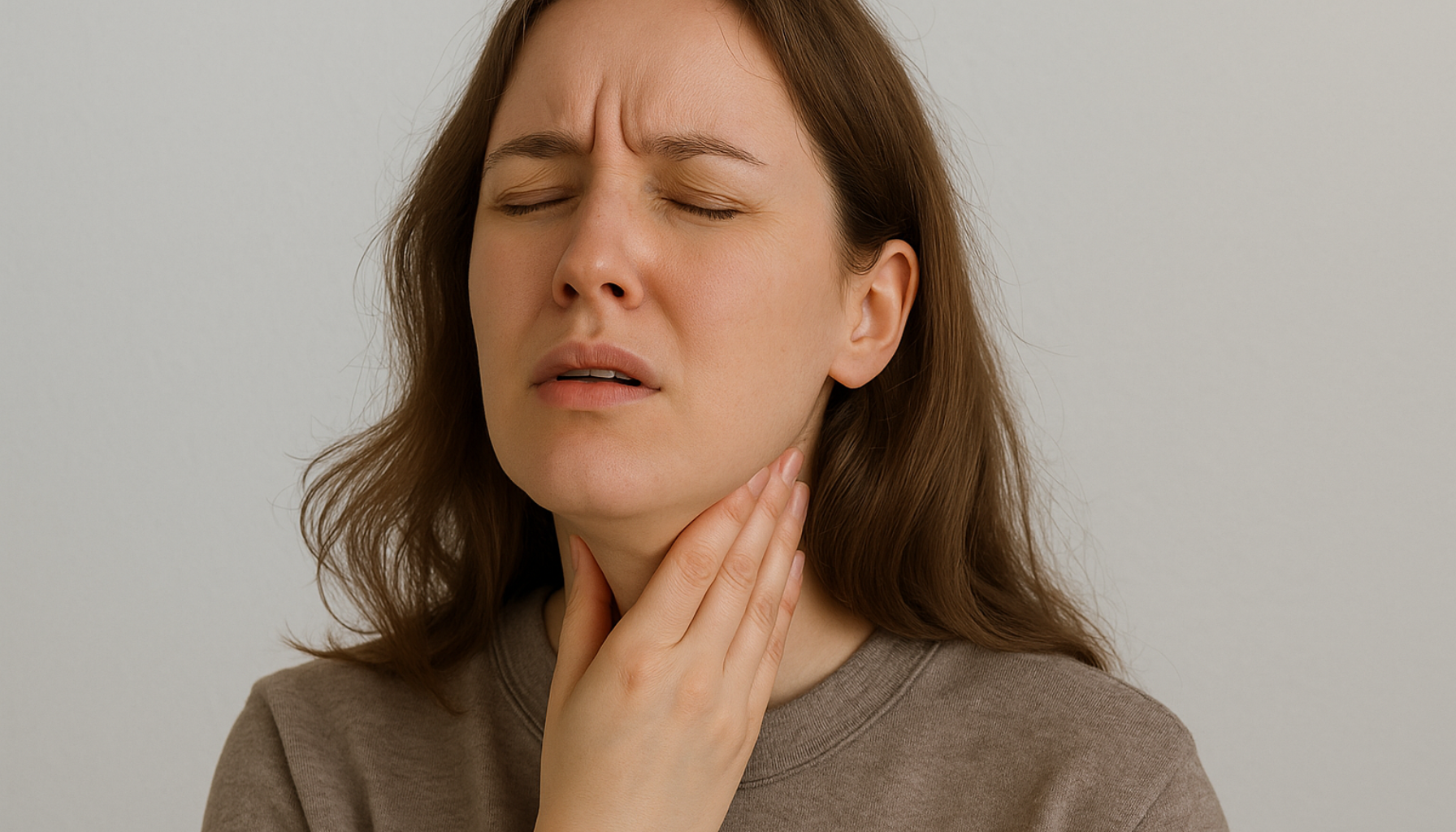 Kvinne med smertefullt uttrykk holder hånden mot halsen og ser ut til å ha ubehag på grunn av hovne mandler.