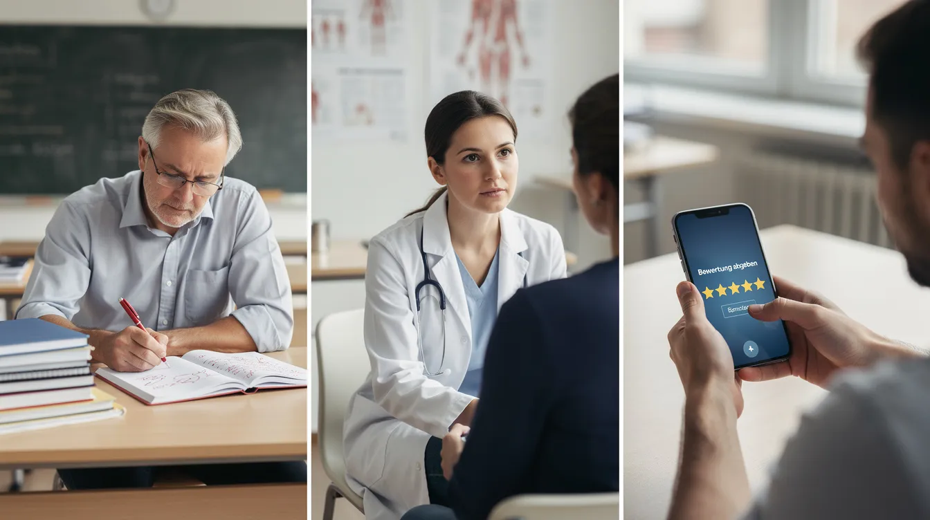 Das Bild zeigt drei verschiedene Szenen nebeneinander: Ein Lehrer, der Hefte mit einem Rotstift korrigiert, eine Ärztin, die aufmerksam einem Patienten zuhört, und eine Person, die auf einem Smartphone eine Bewertung tippt. Diese Szenen illustrieren unterschiedliche Berufe und die jeweiligen Interaktionen zwischen Menschen, die sowohl subjektive als auch objektive Aspekte ihrer Tätigkeiten widerspiegeln.