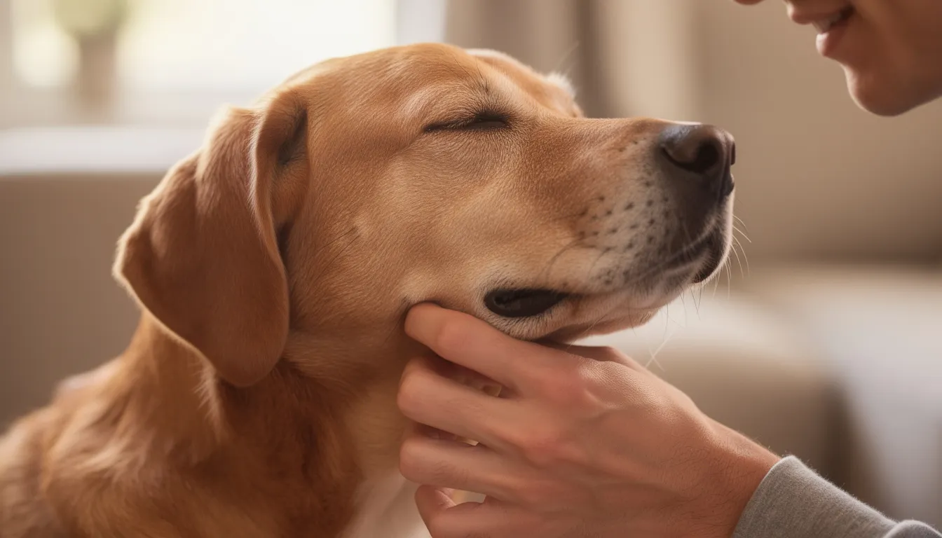 A person is gently scratching under a dog's chin, while the dog looks relaxed and content, showcasing the strong bond and physical affection that helps both you and your furry friend feel secure and loved. This moment of undivided attention is a wonderful way to spend quality time together, enhancing the dog's overall well-being.