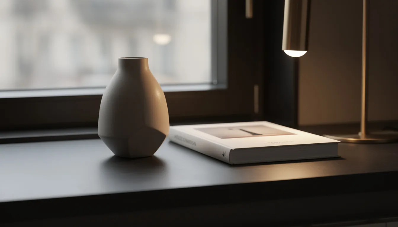 Een close-up van een donkere composiet vensterbank met een minimalistische designvaas en een kunstboek, verlicht door een slanke hanglamp. De vensterbank heeft een luxe uitstraling en is perfect afgewerkt, ideaal voor moderne interieurs.
