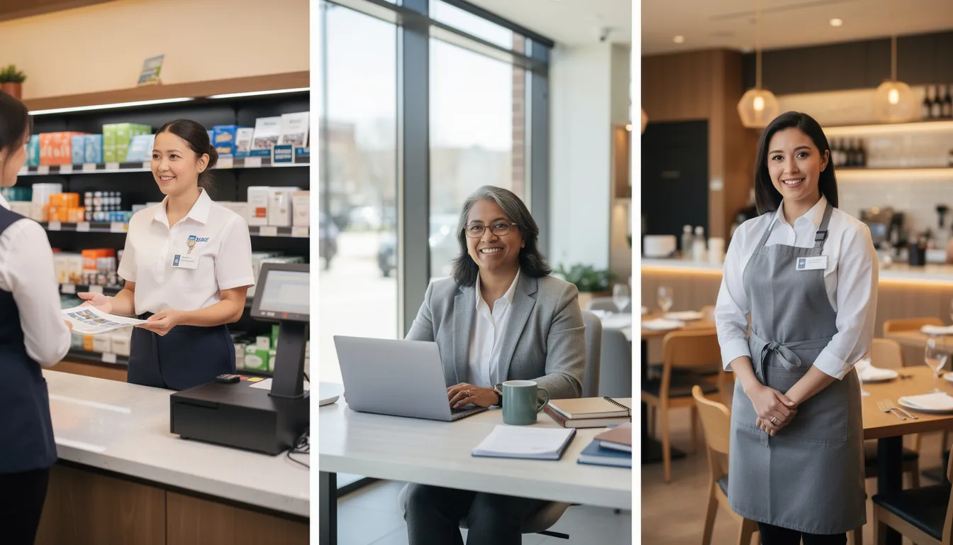 The image depicts a diverse group of workers in various settings, including retail, office, and hospitality, showcasing their unique roles and environments. This representation highlights the importance of understanding employment contracts, holiday entitlement, and the implications of unused holiday pay when leaving a job.