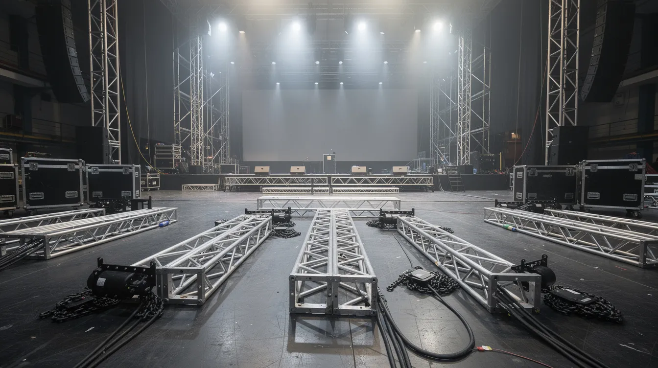 The image depicts a wide shot of aluminum truss sections and chain hoists arranged on the stage floor, preparing for the assembly of an LED wall. Various components are visible, indicating the setup for a video wall rigging system, showcasing the structural support needed to safely hang the LED display.