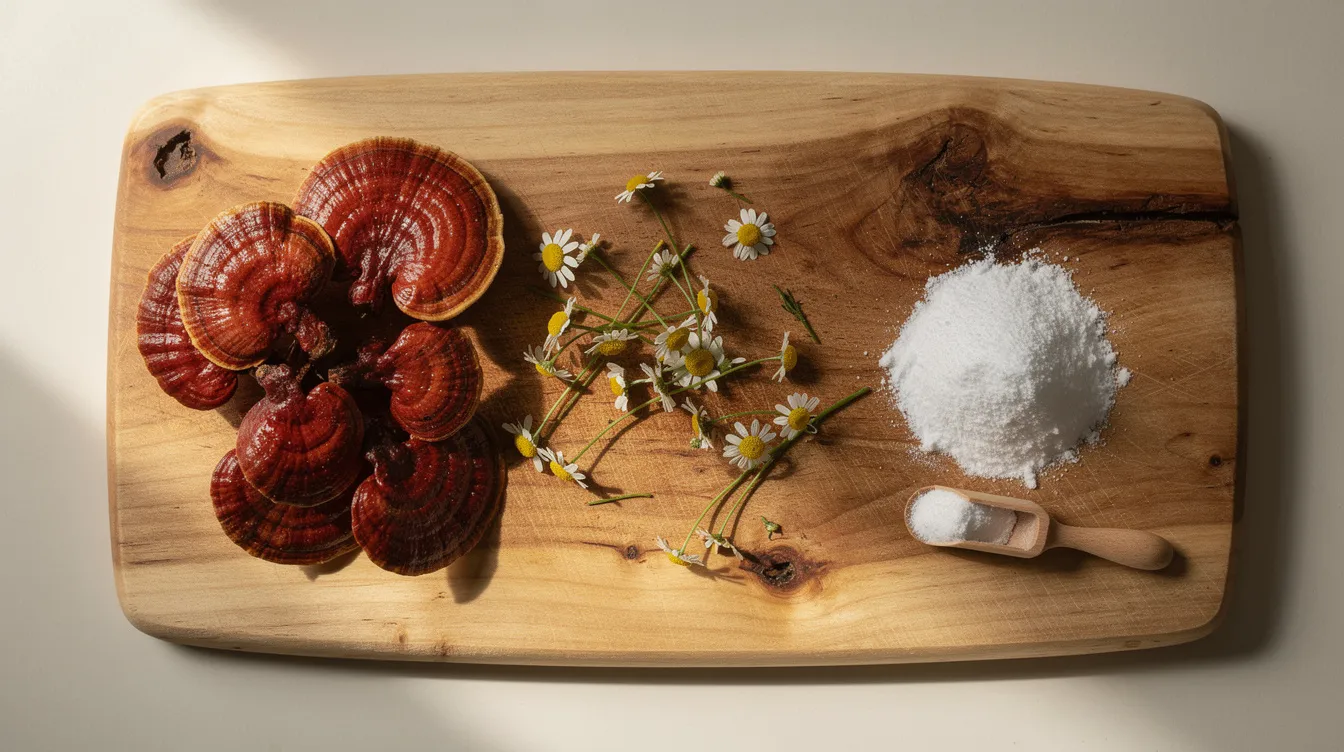 The image features a natural wooden cutting board adorned with reishi mushrooms, delicate chamomile flowers, and a small pile of magnesium powder, creating a calming scene that suggests relaxation and support for restful sleep. This arrangement may evoke thoughts of sleep quality and deeper sleep, perfect for enhancing a nightly routine.