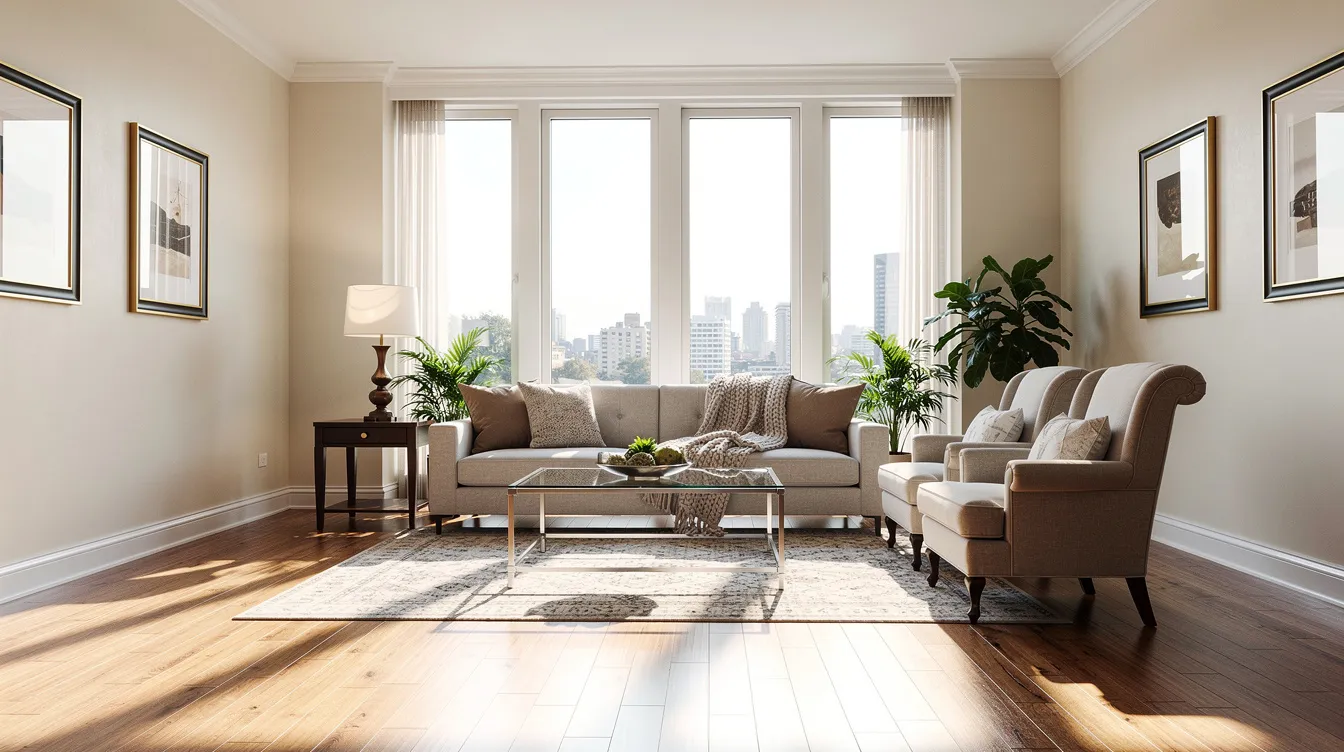The image depicts a bright and airy living room in St. Louis, featuring tall windows that allow natural light to flood the space. The room showcases a harmonious blend of modern and traditional furniture set on warm wood floors, creating an inviting atmosphere perfect for interior design inspiration.