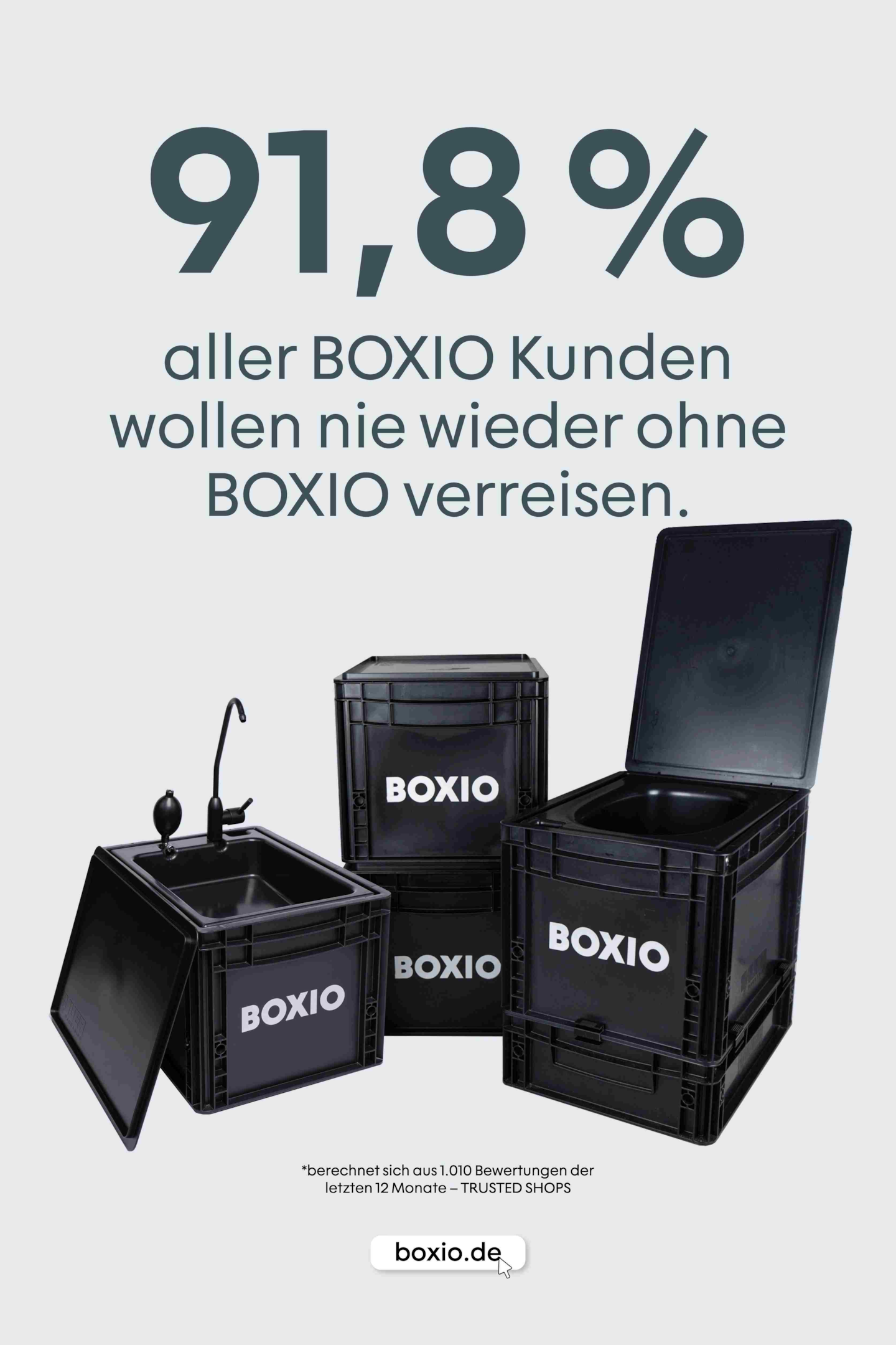  Gráfico com BOXIO-Toilet e texto: 91,8 por cento de todos os clientes BOXIO não querem voltar a viajar sem BOXIO. 