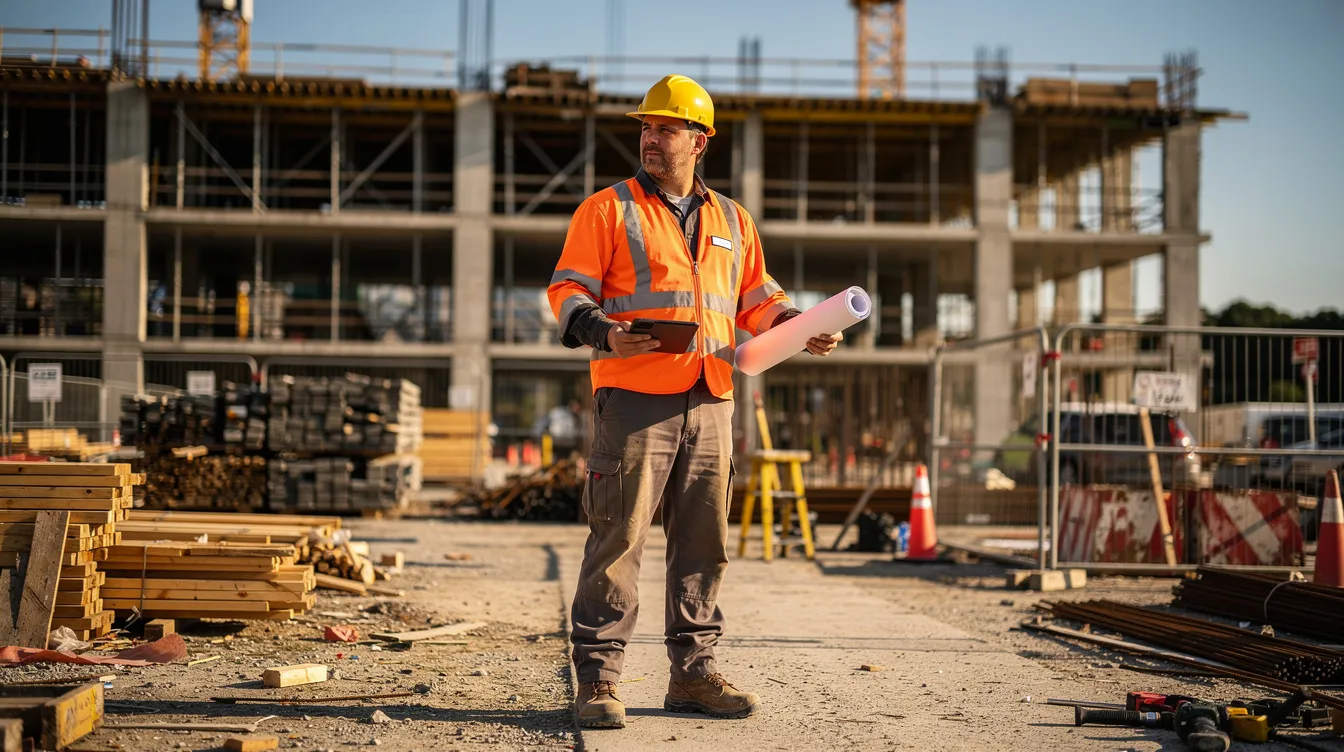 A construction worker, wearing a hard hat and a bright safety vest, stands on a bustling building site, emphasizing the importance of safety in the workplace. This image highlights the role of workers compensation insurance in protecting injured employees on the job, ensuring they receive necessary medical care and benefits for work-related injuries.