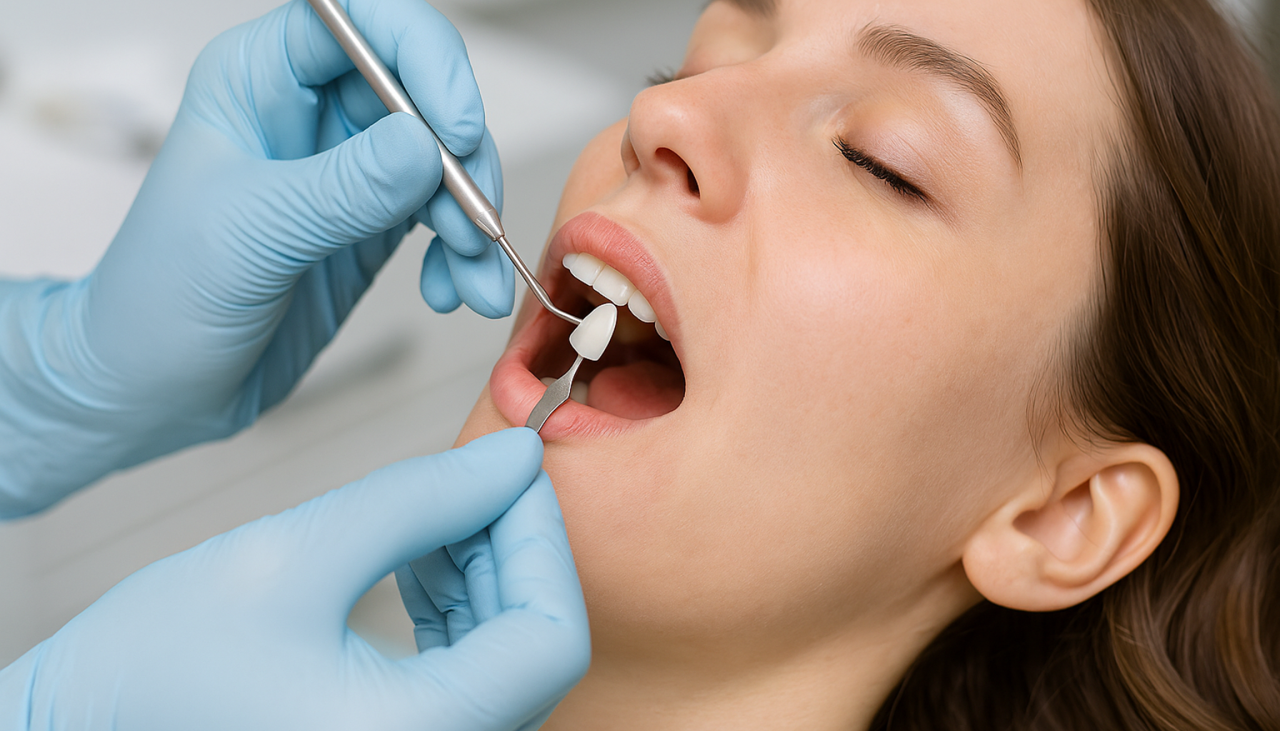 Tannlege plasserer skallfasett på pasients fortann i moderne klinikk med fokusert og rolig atmosfære.