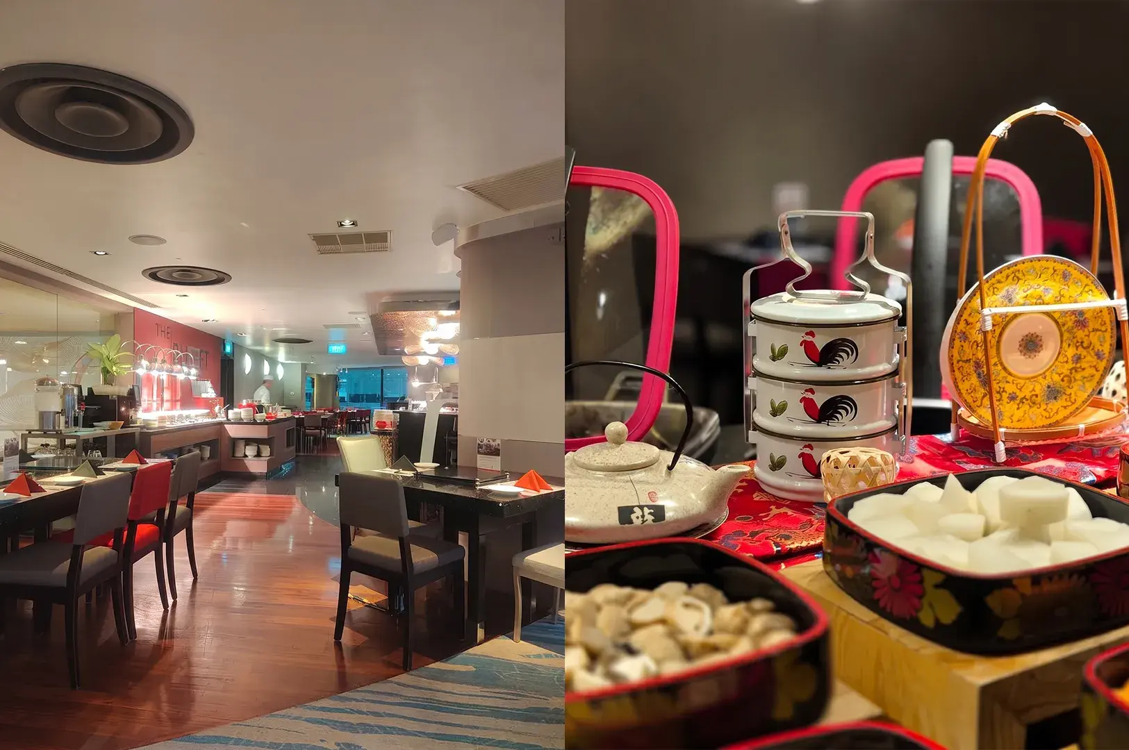 Split-screen image showing a restaurant interior with buffet tables on the left, and a close-up of traditional Asian tableware, including a rooster-print tiffin carrier, teapot, and decorative serving dishes on the right.