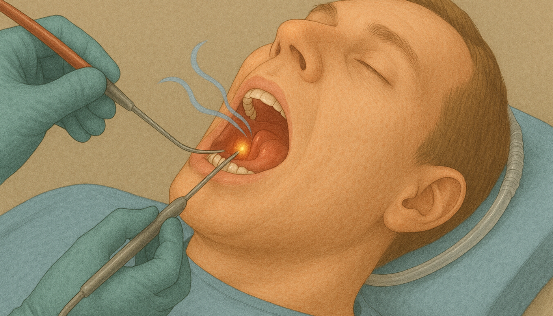 Snorkeoperasjon: Hva betyr det for tannhelsen? 17 Pasient under snorkeoperasjon med åpen munn, kirurgiske instrumenter og tannhelse i fokus under prosedyren.