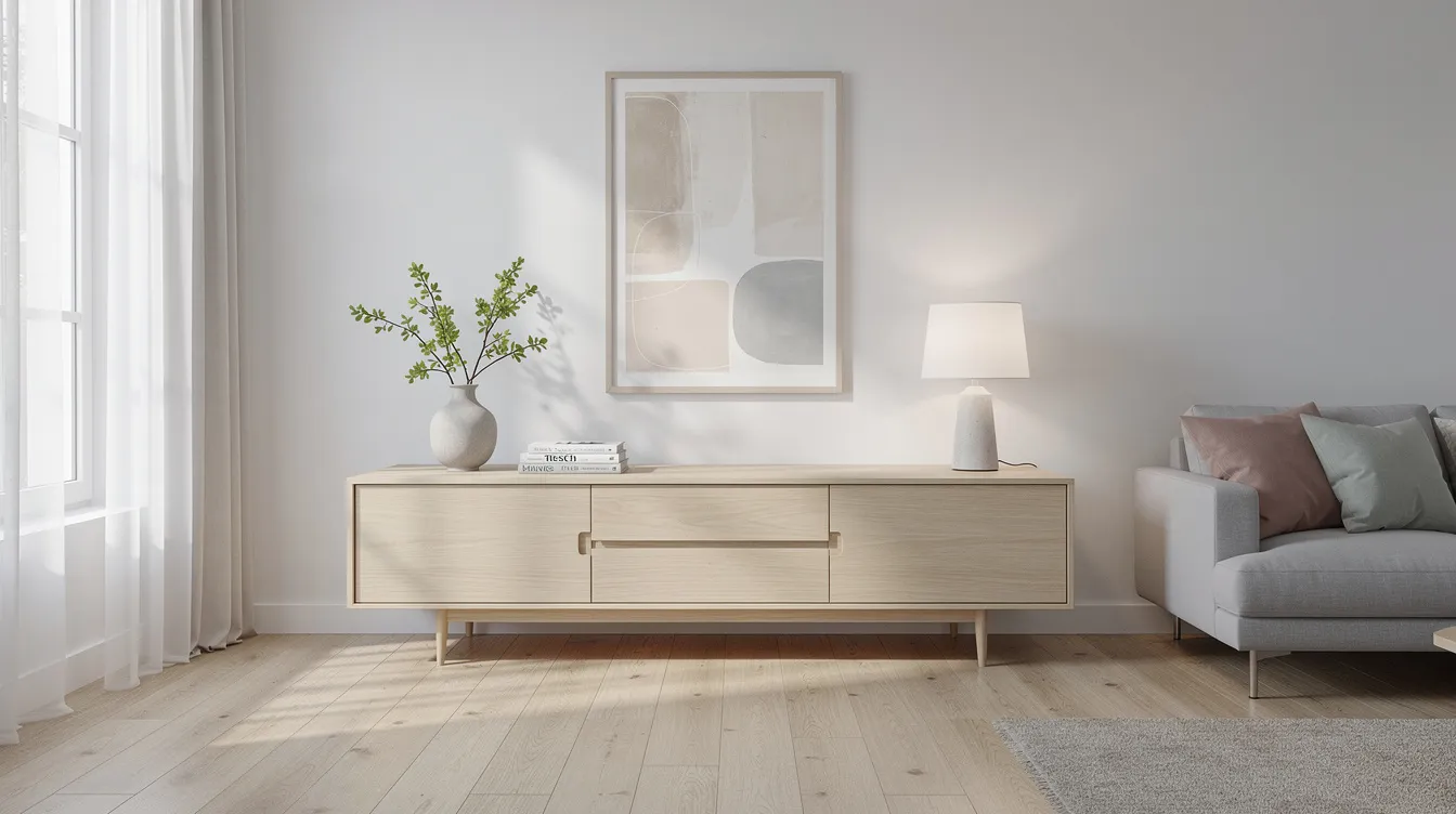 Ett modernt skandinaviskt vardagsrum med ett sideboard i ljus ek mot en vit vägg, vilket ger en stilren och luftig känsla. Rummet är inrett med förvaringsmöbler i massivt trä och accentueras av detaljer i svart och grått.