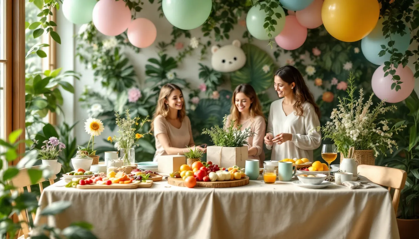 A cozy baby shower setup features reusable decorations and biodegradable balloons, with a plant-based snack table and guests exchanging eco-friendly baby gifts. This sustainable gathering celebrates the arrival of newborn babies while promoting organic gifts and products that are gentle on delicate skin.