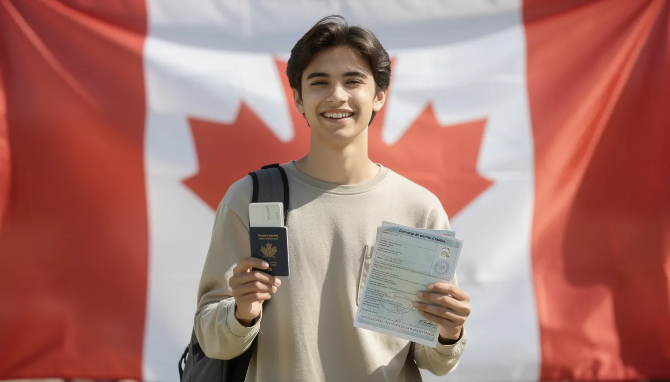 Un étudiant international se tient devant un drapeau canadien, tenant un passeport et des documents liés à sa demande de permis d'études. Cette image symbolise l'intention de venir étudier au Canada et de s'engager dans un processus d'immigration pour obtenir un statut d'étudiant.