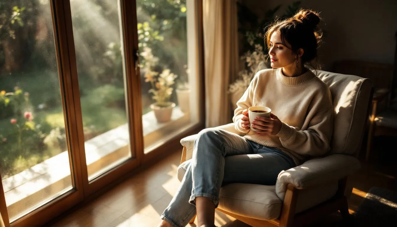 A serene morning scene captures a person sitting by a sunlit window, cradling a warm beverage, embodying a moment of self-care and reflection. This peaceful setting encourages mental wellness and serves as a gentle reminder to check in on one's emotional state and overall well-being.