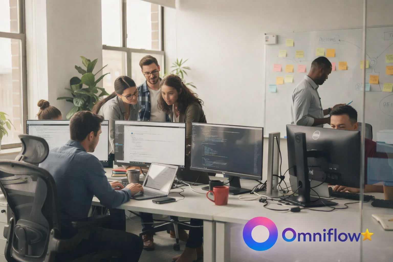 The image depicts a diverse software team working diligently in a shared workspace, collaborating on user stories and product requirements documents. They are engaged in discussions about business objectives and success metrics, ensuring that all team members are on the same page in an agile environment.