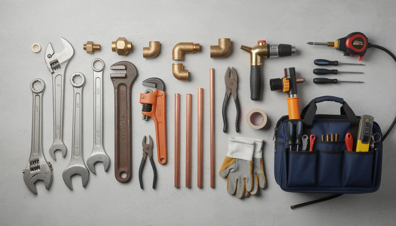 The image features a neatly arranged collection of professional plumbing tools and equipment on a work surface, including wrenches, pipe cutters, and drain snakes, essential for tackling sewer line issues and providing exceptional service in sewer repairs. These tools are vital for skilled plumbers to efficiently address clogged drains and maintain plumbing systems in homes and businesses.