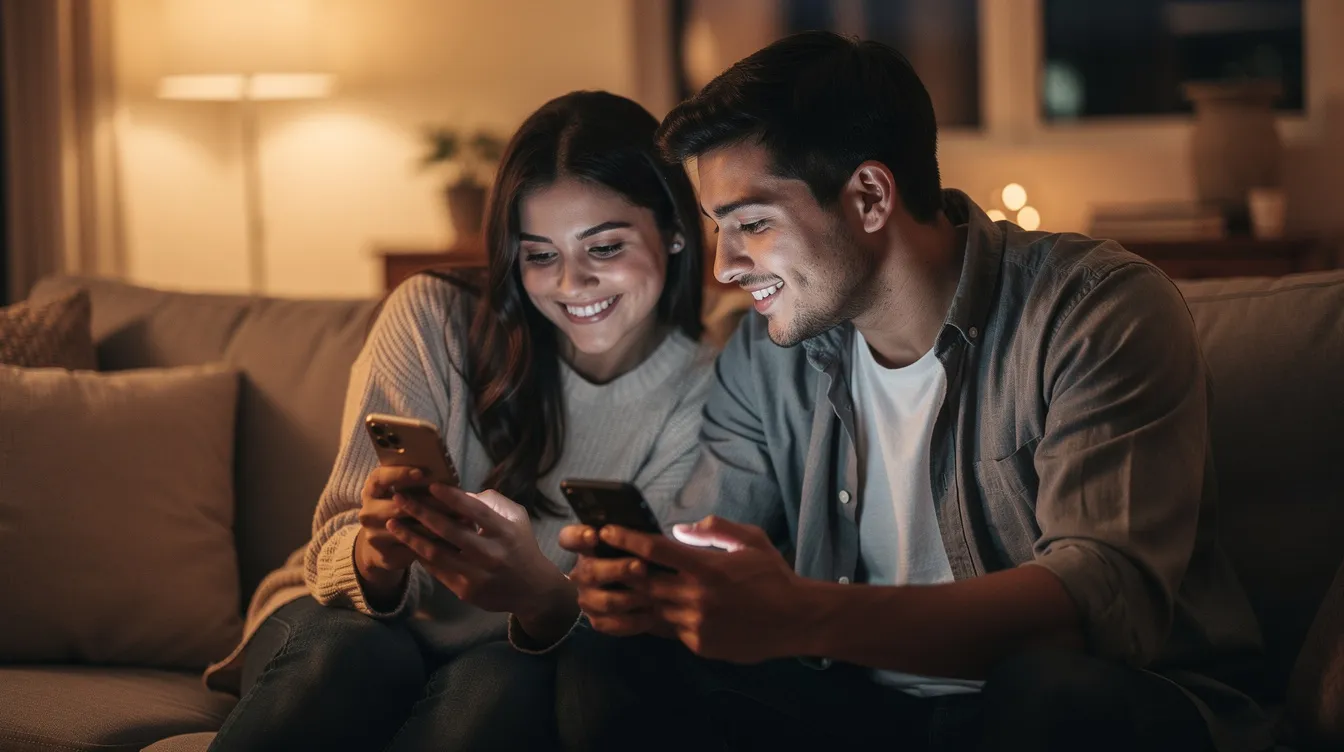 The image shows a Hispanic couple in the talking stage of their relationship, sitting close together and smiling as they text on their phones. This joyful moment highlights the excitement of early conversations as they explore their feelings and grow closer.