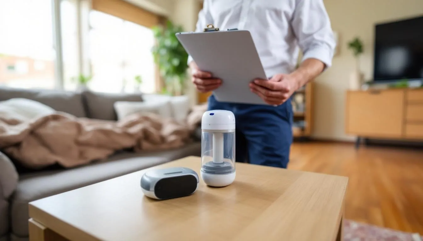 Dans l'image, on voit un détecteur de radon placé dans un sous-sol d'une maison, utilisé pour mesurer la concentration de radon dans l'air. Ce test à long terme est recommandé par Santé Canada pour évaluer le risque pour la santé lié à l'exposition au radon, un gaz incolore et inodore associé au cancer du poumon.