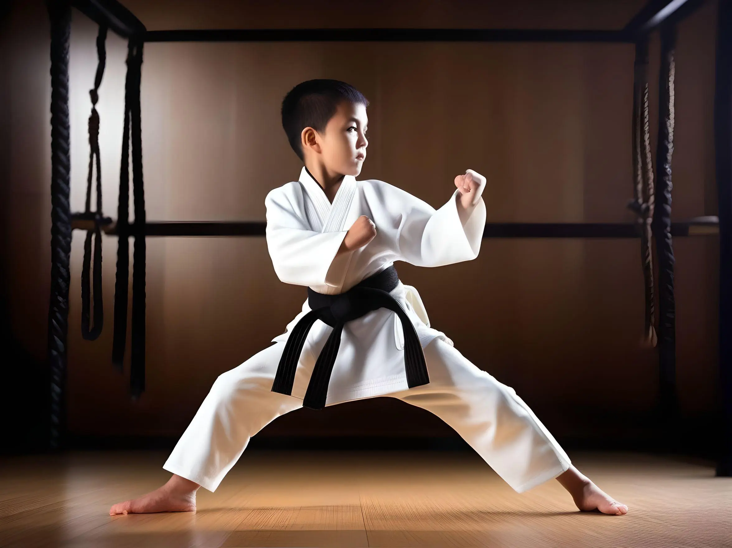 Image of a child practicing martial arts, showcasing the empowering impact of movement for children's development and confidence-building.