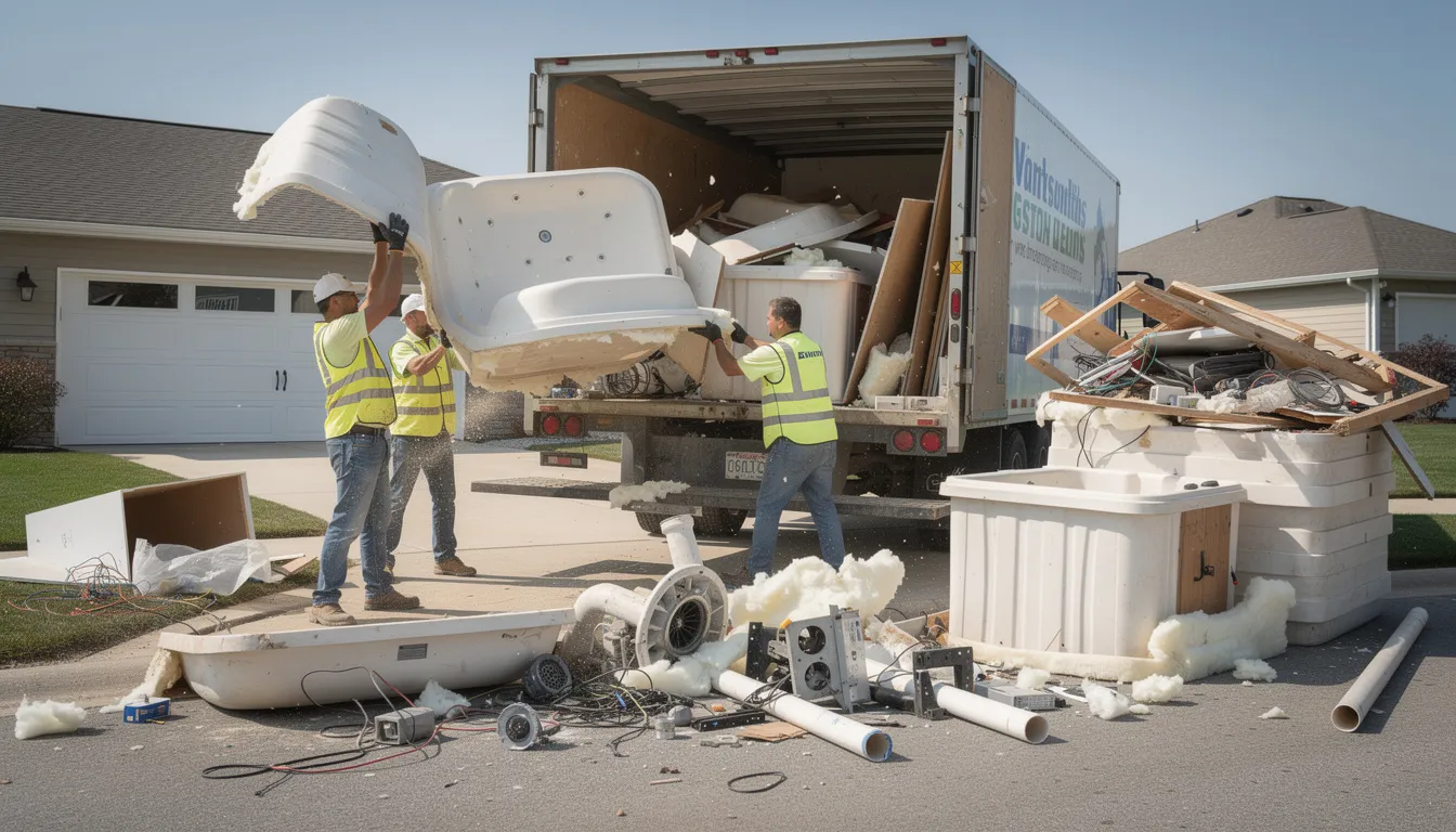 A junk removal truck is being loaded with debris and components from an old hot tub, showcasing the efficient removal process. The scene highlights the professional removal team's effort to provide a hassle-free experience by safely disposing of unwanted items and reclaiming valuable space in outdoor areas.
