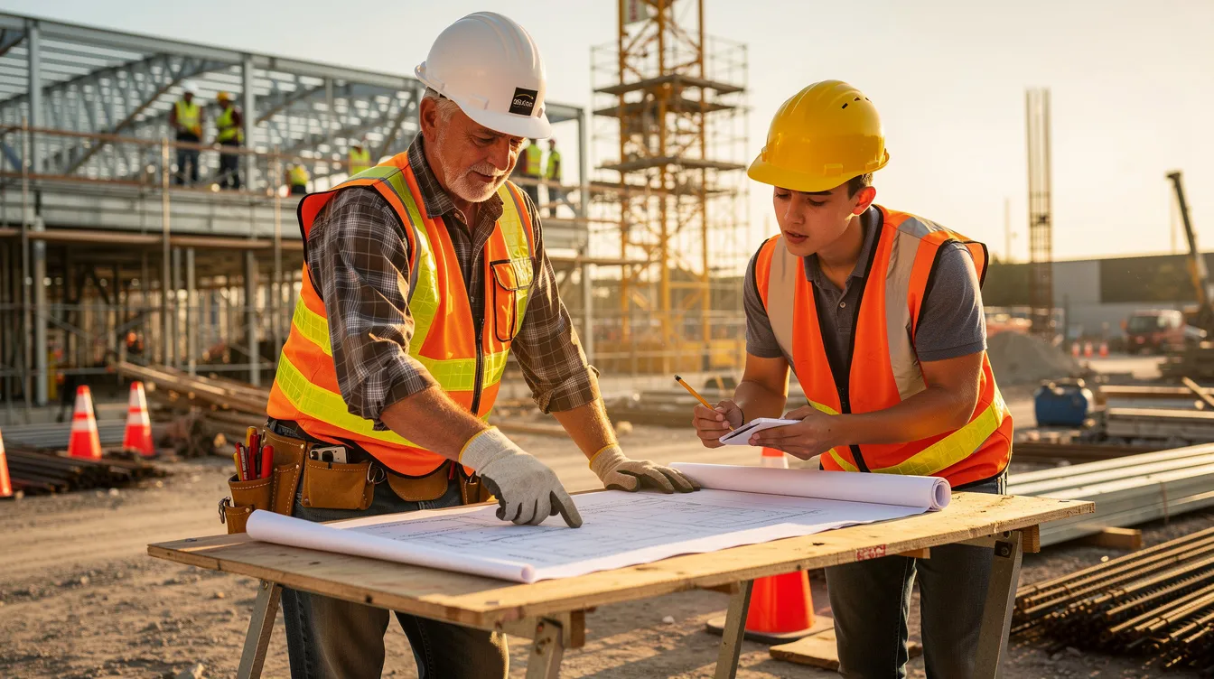 An experienced construction worker is mentoring a younger apprentice at a busy commercial jobsite in downtown Austin, Texas. Both are wearing personal protective equipment, emphasizing the importance of worker safety and effective communication in the construction industry.