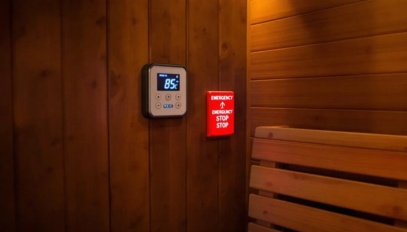 A sauna with visible safety features such as a temperature gauge and emergency shut-off switch.